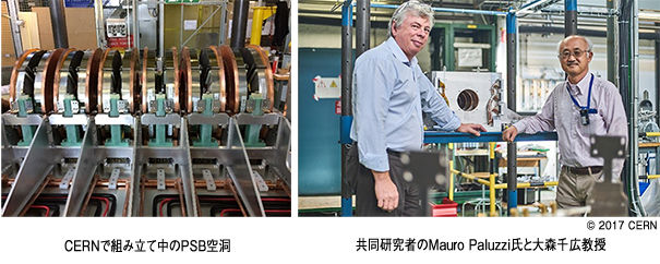 CERNで組み立て中のPSB空洞・共同開発車のMauro Paluzzi氏と大森千広教授