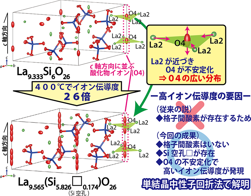 図2. 単結晶中性子回折法で明らかにしたアパタイト型酸化物イオン伝導体La9.333Si6O26およびLa9.565 (Si5.826□0.174) O26の結晶構造と高いイオン伝導度発現の要因